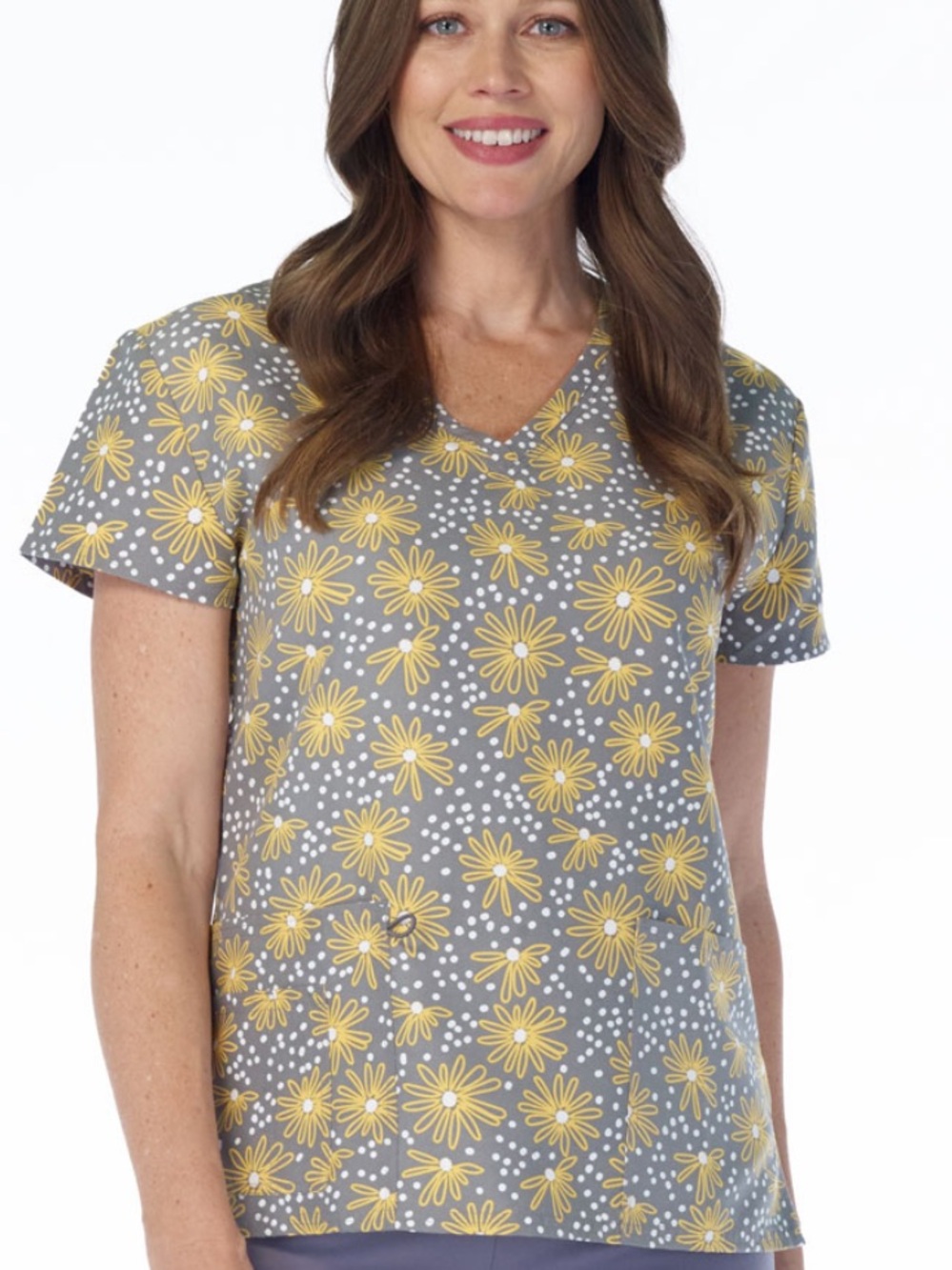 NWT Women’s XL Glowing Daisies Print Scrubfinity Basix Scrub Top